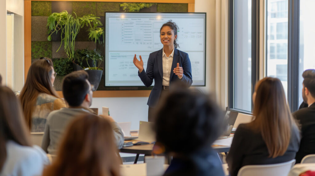 Trainer Presenting to a Group in a Modern Classroom