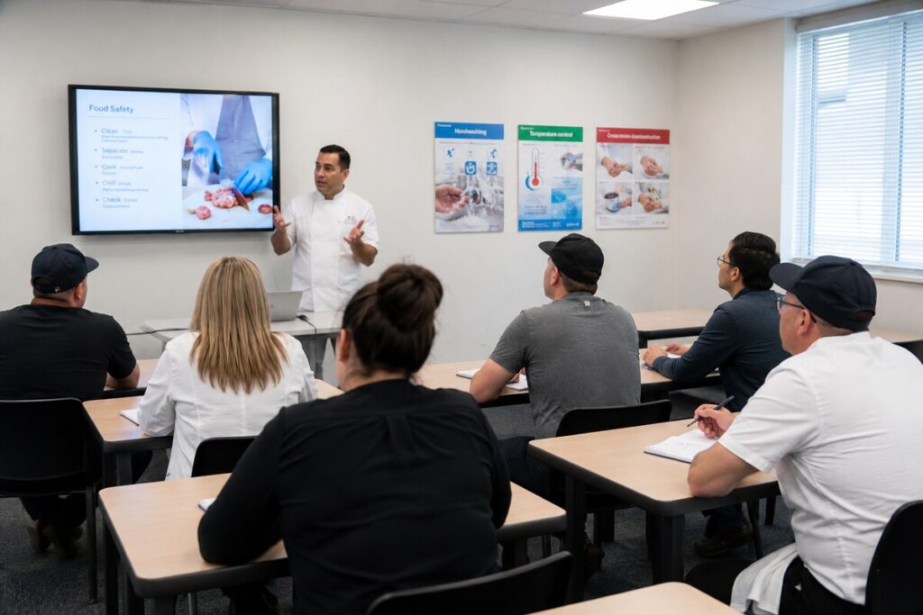 Trainer teaching food safety in Australia