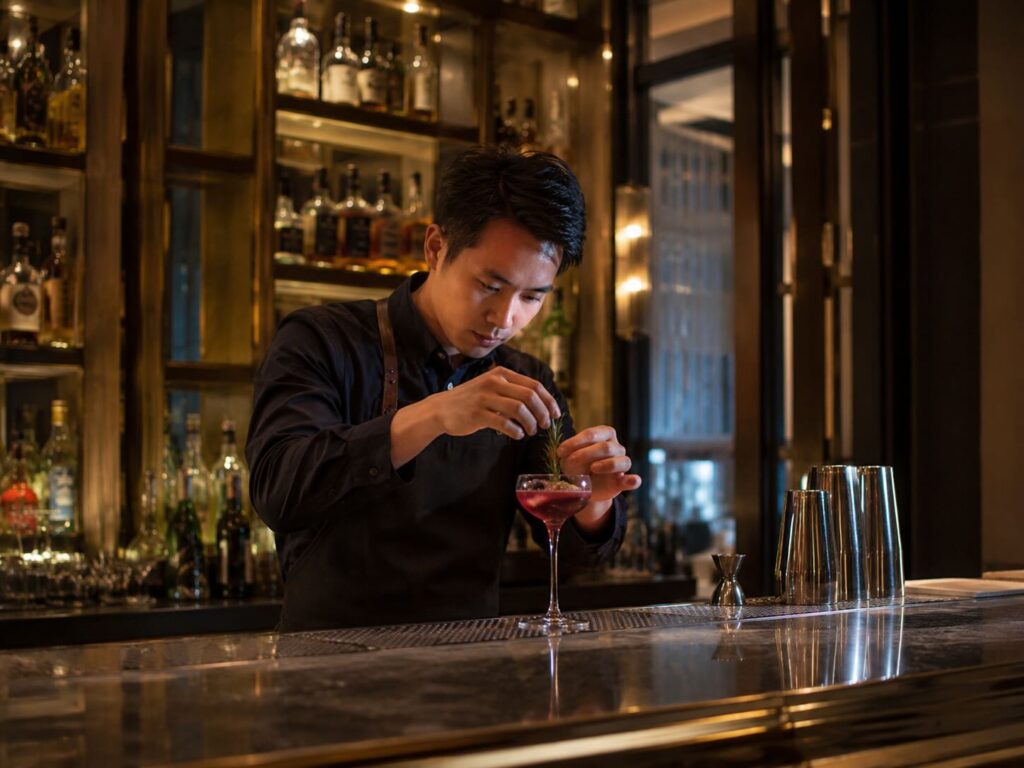 Hotel Bartender Garnishing a Cocktail