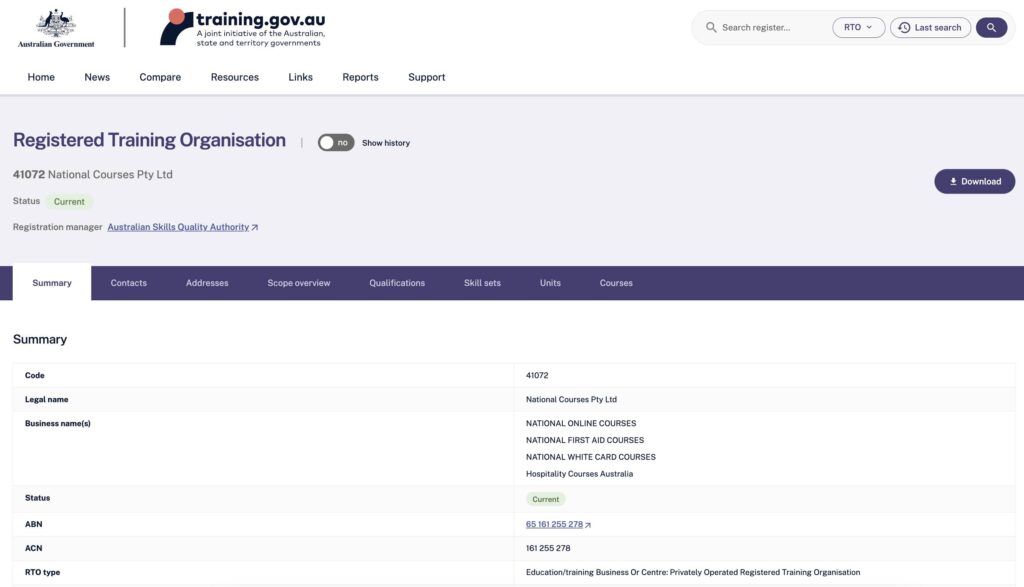 National Courses and HCA RTO number
